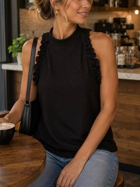 Black Ruffle-Trim Sleeveless Top